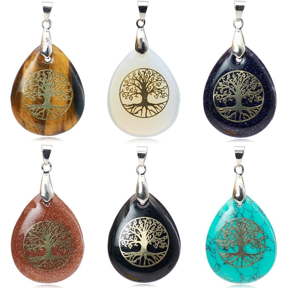 2640 6 Pieces Tree of Life Gemstone Crystal Pendant Waterdrop Shape Natural